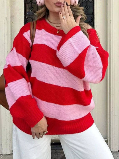 Pull femme rayé ample à épaules tombantes rouge – vue 5