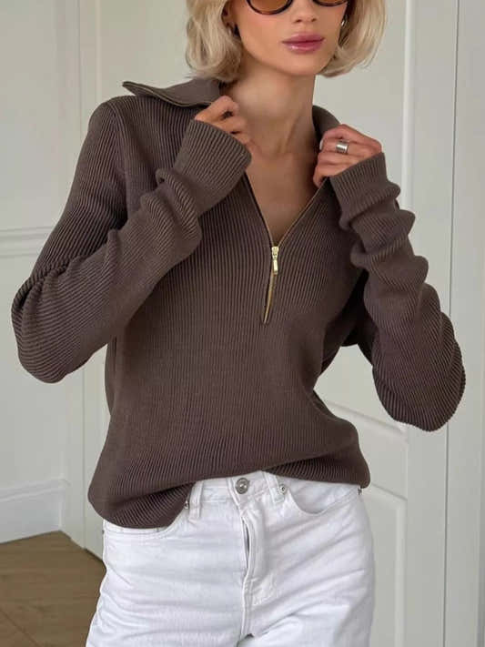 Pull en maille côtelée à demi-zip pour femme – vue 1