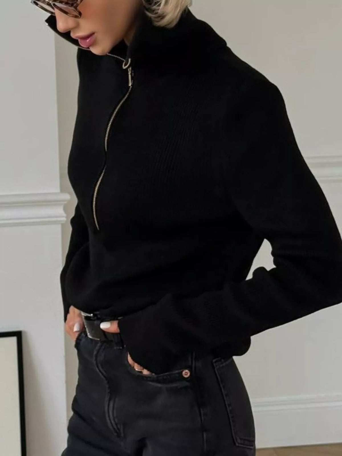Pull en maille côtelée à demi-zip pour femme – vue 10
