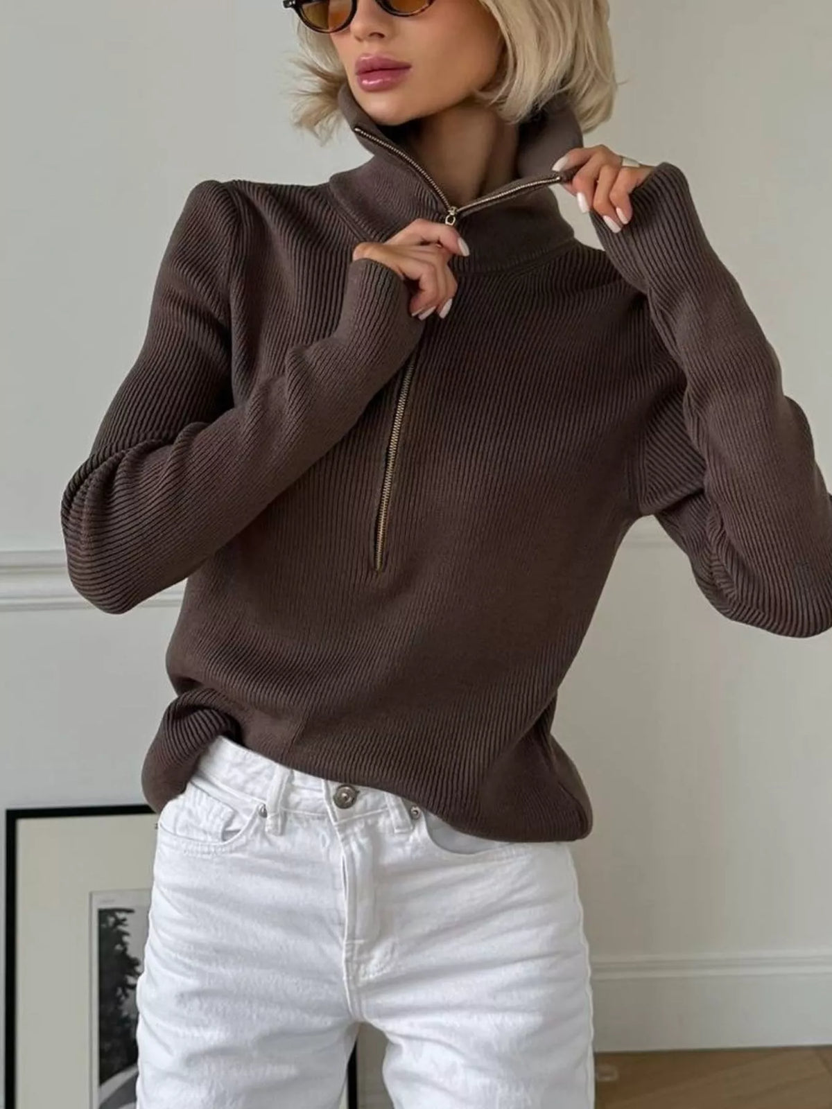 Pull en maille côtelée à demi-zip pour femme – vue 2