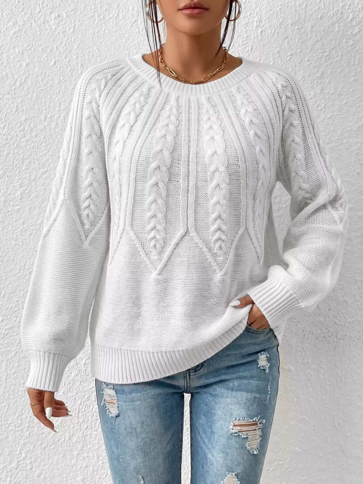 Pull torsadé à col rond et manches longues pour femme – vue 1