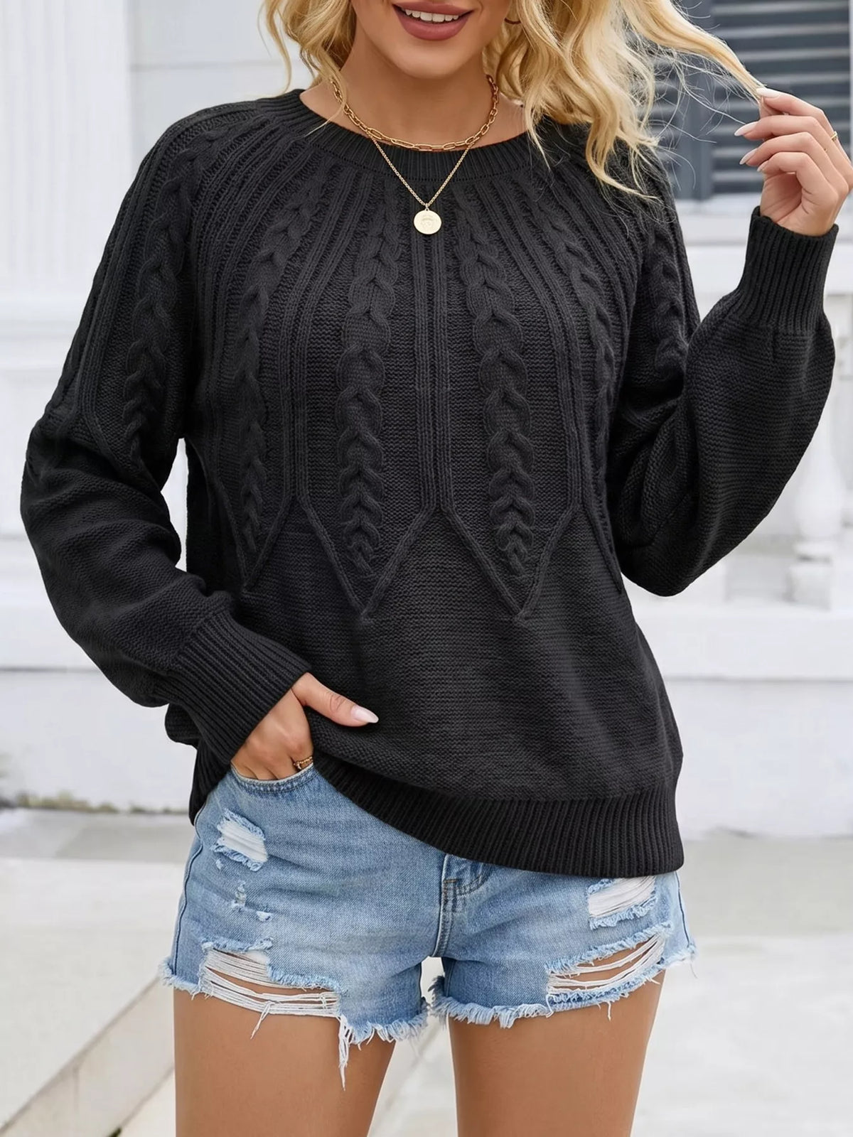 Pull torsadé à col rond et manches longues pour femme – vue 12