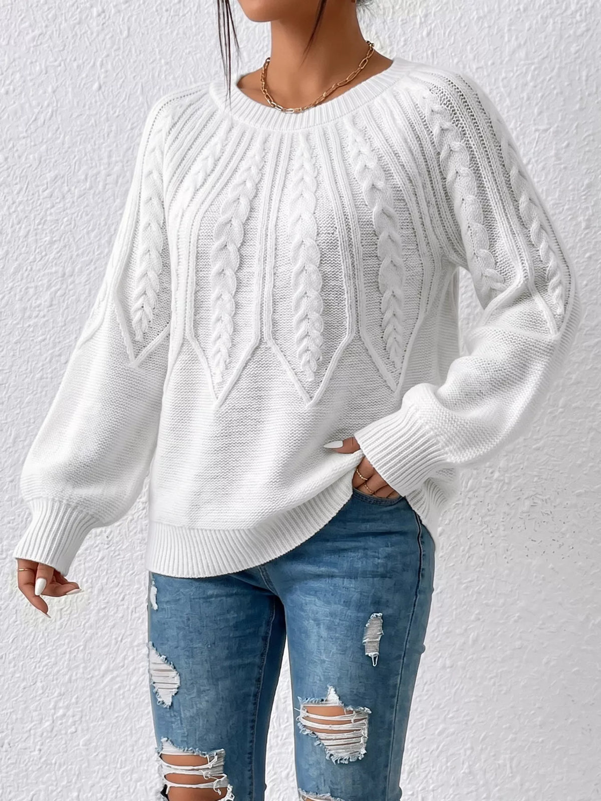 Pull torsadé à col rond et manches longues pour femme – vue 3