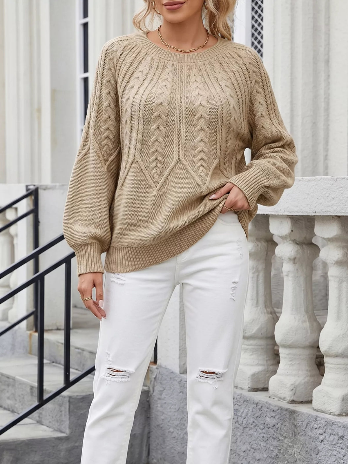 Pull torsadé à col rond et manches longues pour femme – vue 7