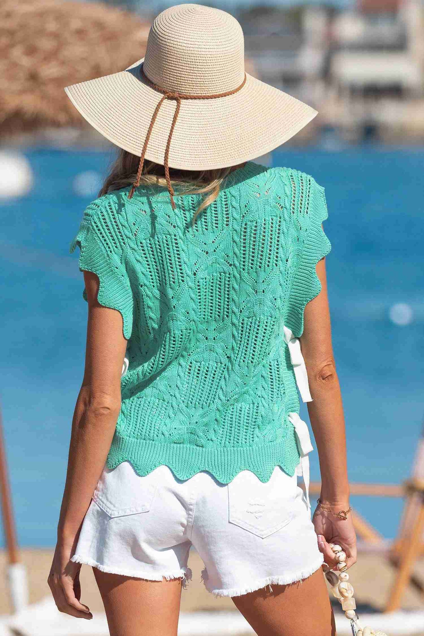 Pull Tricot Pointelle Femme Manches Courtes Bordure Festonnée – Bleu, Rose, Menthe by Dear-Lover Dropshipping
