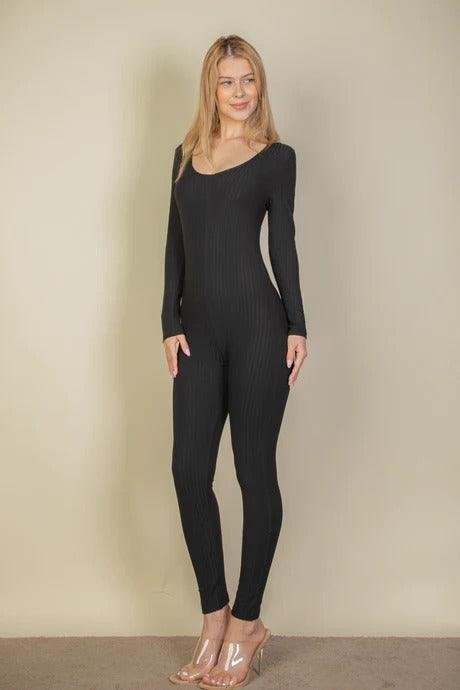 Ribbed Scoop Neck Long Sleeve Jumpsuit - Premium  - Shop now at Oléna-Fashion