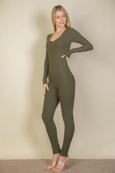 Ribbed Scoop Neck Long Sleeve Jumpsuit - Premium  - Shop now at Oléna-Fashion