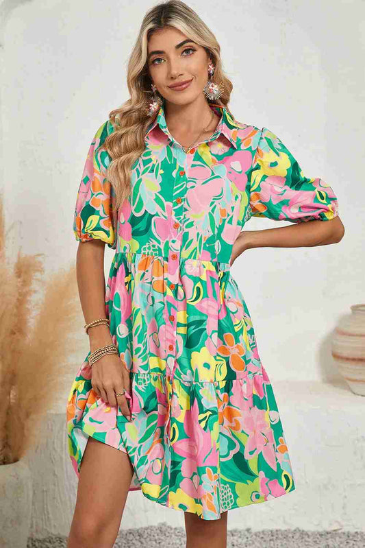 Robe Babydoll Verte Imprimé Floral Manches Bouffantes Boutonnage Femme Oléna-Fashion