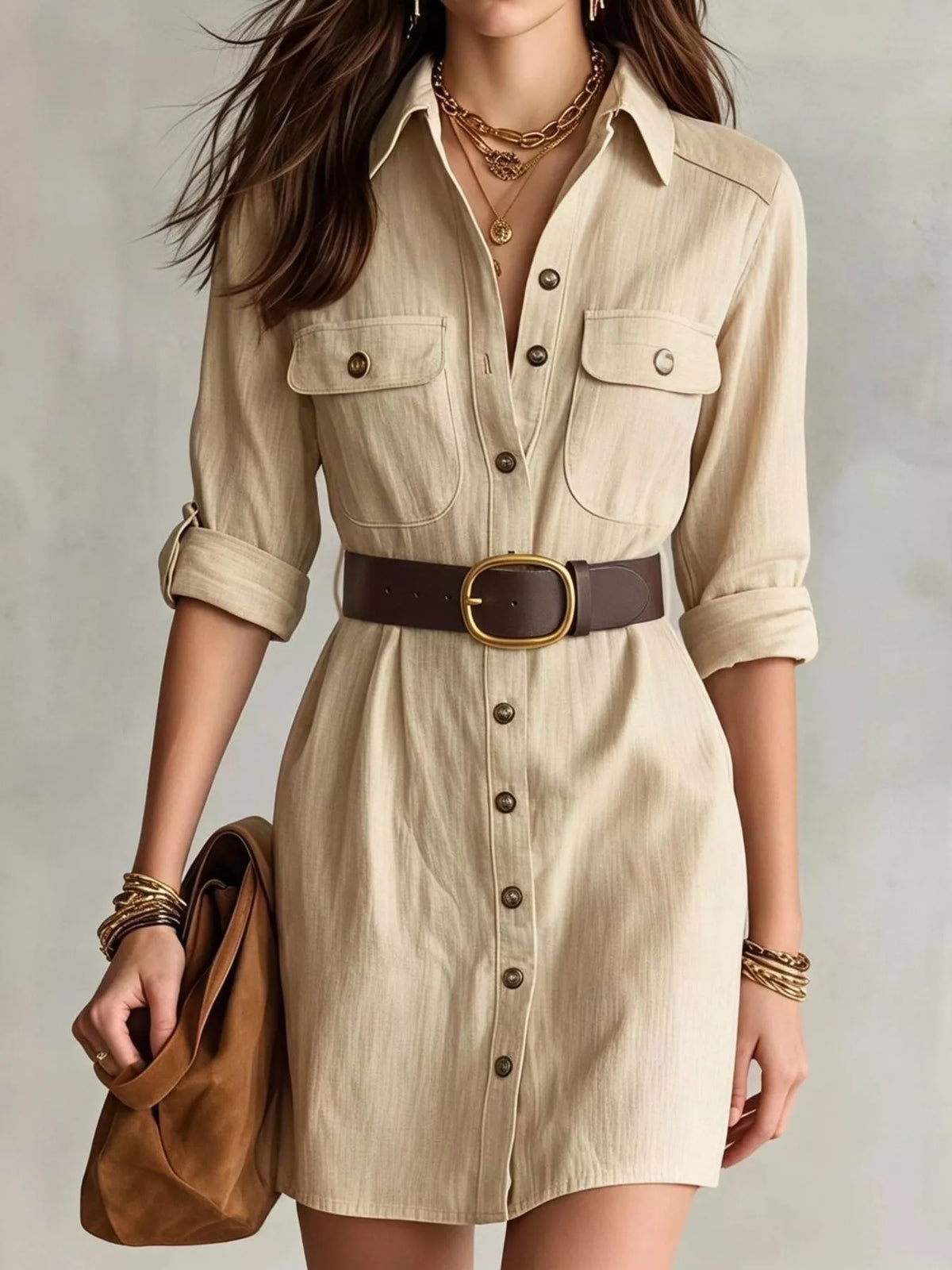 Robe chemise beige à boutons devant et manches longues pour femme – vue 1