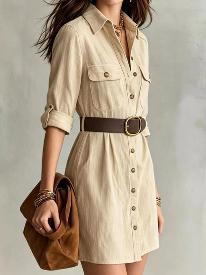 Robe chemise beige à boutons devant et manches longues pour femme – vue 2