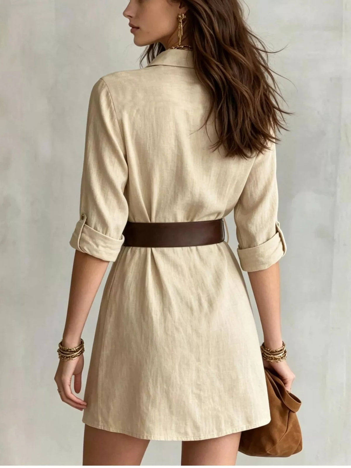 Robe chemise beige à boutons devant et manches longues pour femme – vue 3