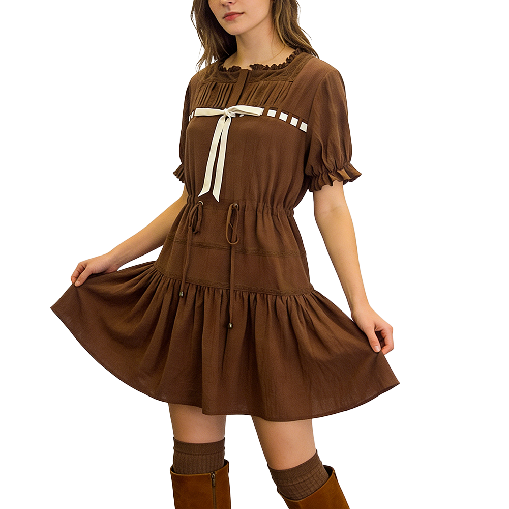 Robe col carré marron à nœud en velours et dentelle pour femme – vue 1