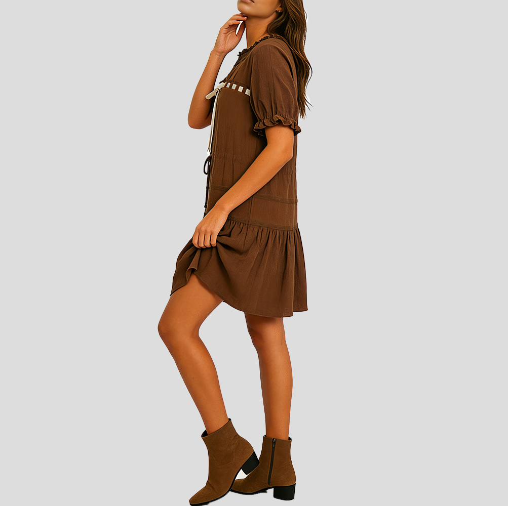 Robe col carré marron à nœud en velours et dentelle pour femme – vue 10