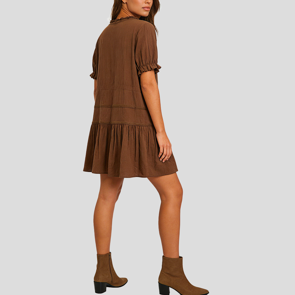 Robe col carré marron à nœud en velours et dentelle pour femme – vue 11