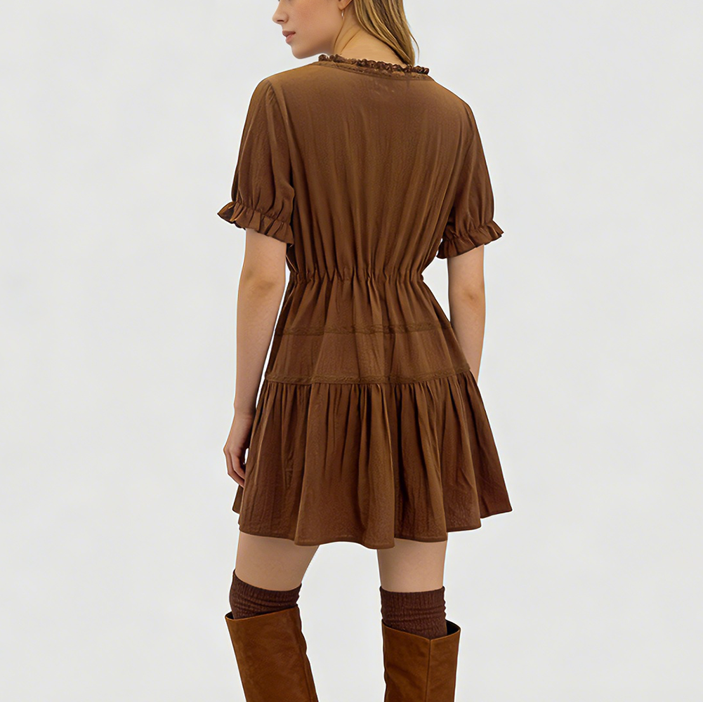 Robe col carré marron à nœud en velours et dentelle pour femme – vue 3