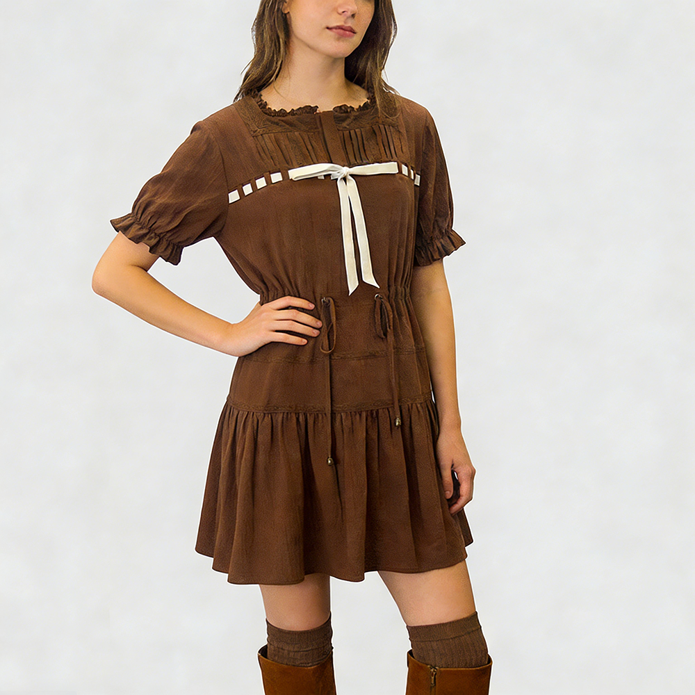 Robe col carré marron à nœud en velours et dentelle pour femme – vue 5