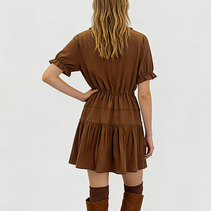 Robe col carré marron à nœud en velours et dentelle pour femme – vue 6