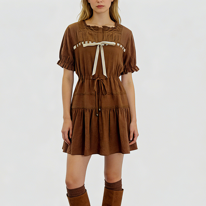 Robe col carré marron à nœud en velours et dentelle pour femme – vue 7