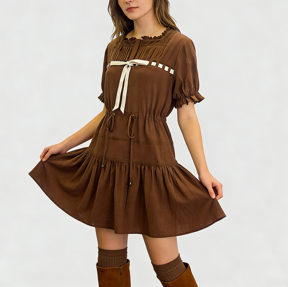Robe col carré marron à nœud en velours et dentelle pour femme – vue 8