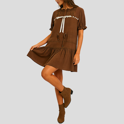 Robe col carré marron à nœud en velours et dentelle pour femme – vue 9