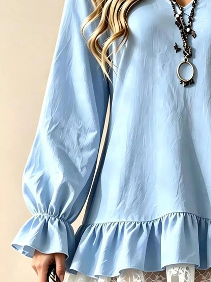 Robe à col V, volant et dentelle, manches longues pour femme – vue 10