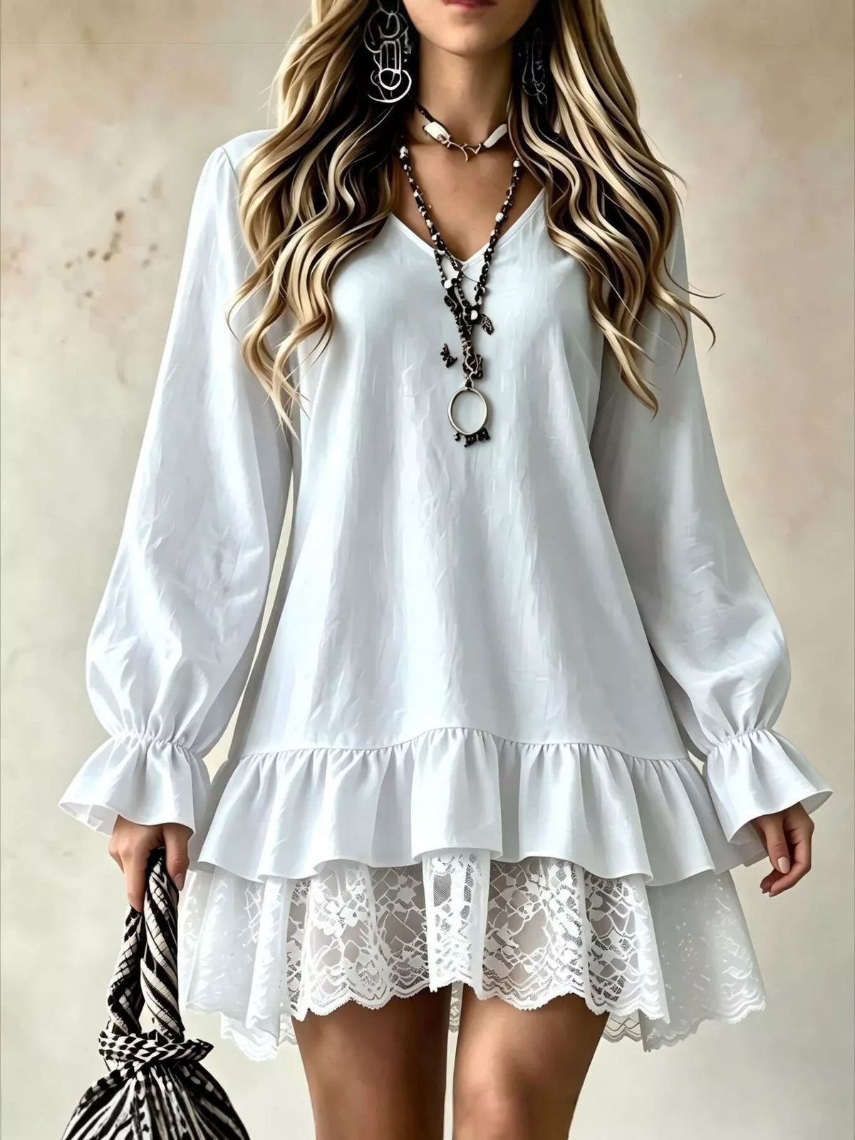 Robe à col V, volant et dentelle, manches longues pour femme – vue 11