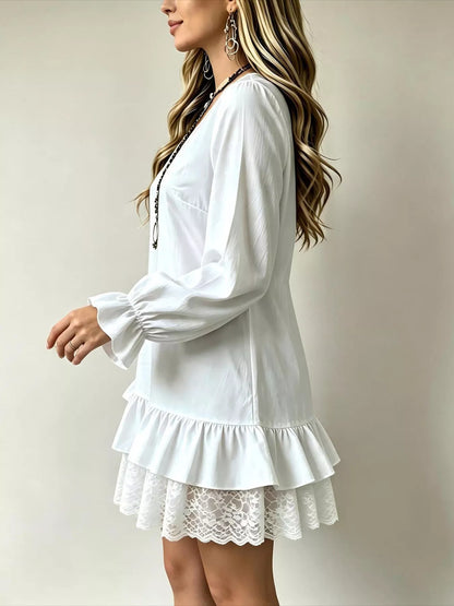 Robe à col V, volant et dentelle, manches longues pour femme – vue 12