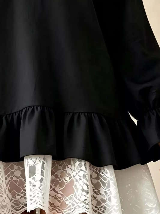 Robe à col V, volant et dentelle, manches longues pour femme – vue 2