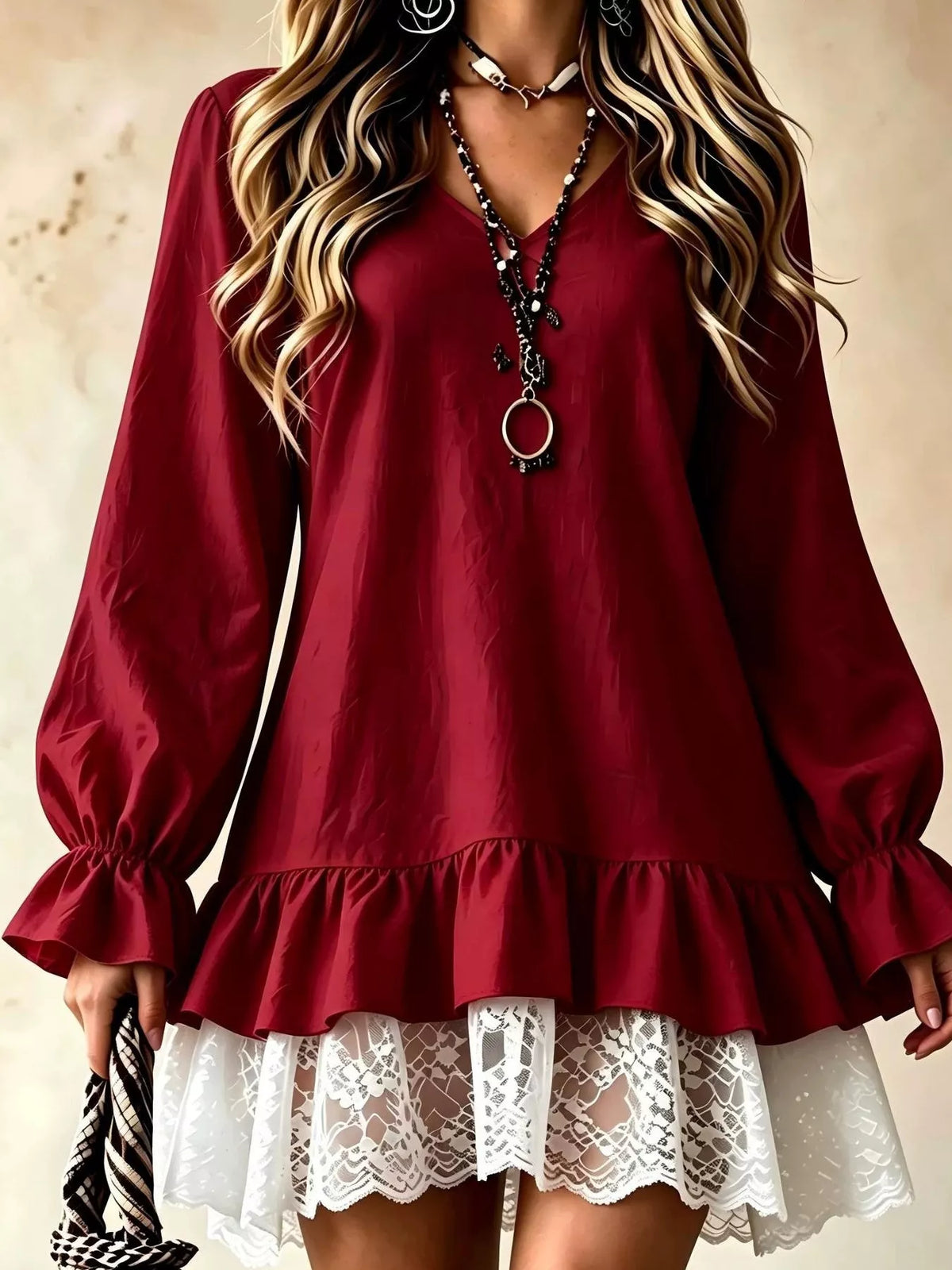 Robe à col V, volant et dentelle, manches longues pour femme – vue 3