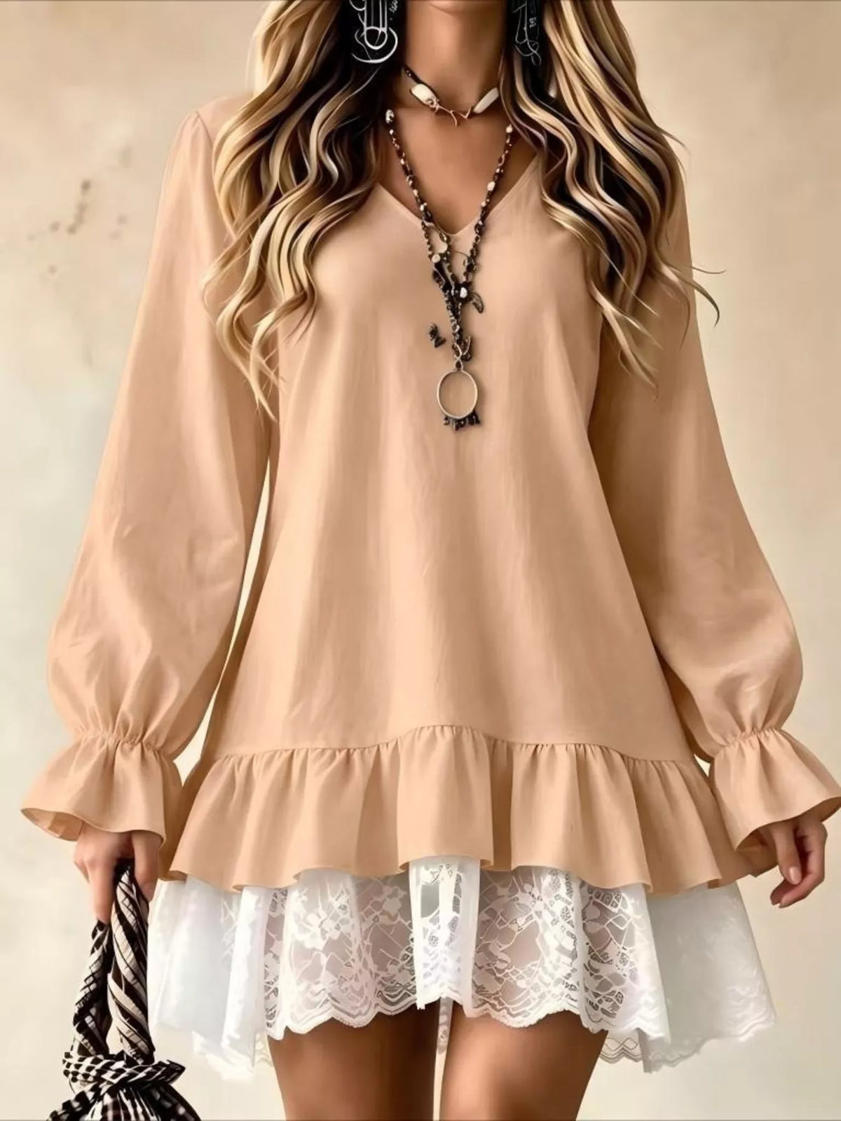 Robe à col V, volant et dentelle, manches longues pour femme – vue 5