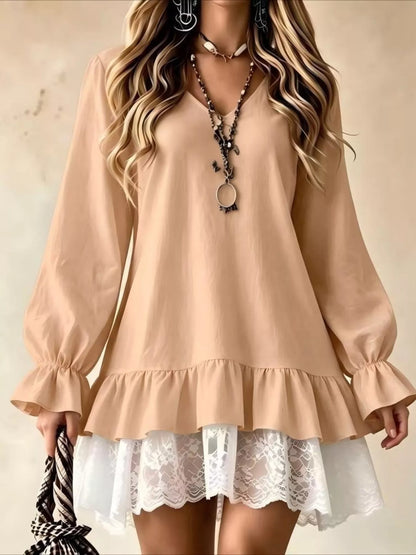 Robe à col V, volant et dentelle, manches longues pour femme – vue 5