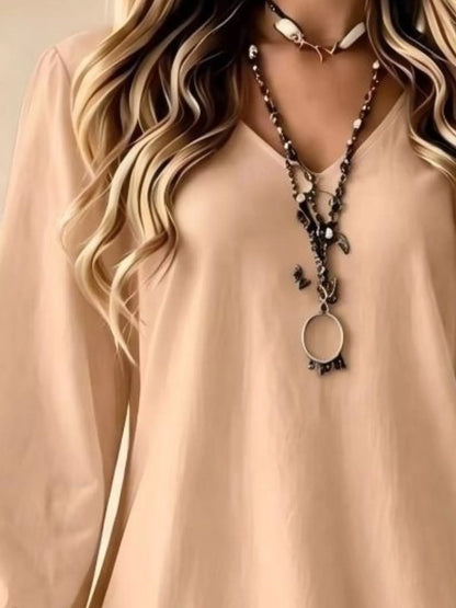 Robe à col V, volant et dentelle, manches longues pour femme – vue 6