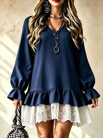 Robe à col V, volant et dentelle, manches longues pour femme – vue 7