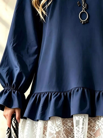 Robe à col V, volant et dentelle, manches longues pour femme – vue 8