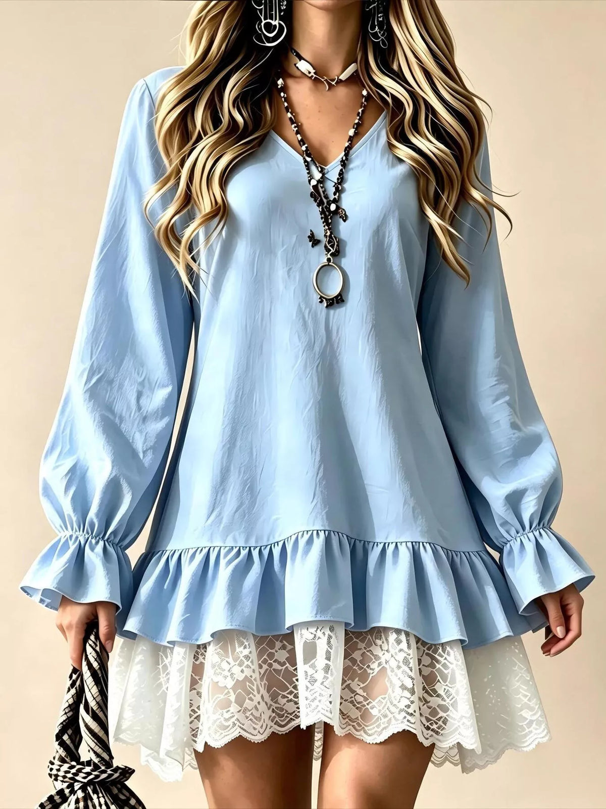 Robe à col V, volant et dentelle, manches longues pour femme – vue 9