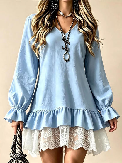 Robe à col V, volant et dentelle, manches longues pour femme – vue 9
