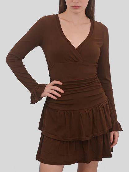 Robe courte rétro marron à col V et volants superposés pour femme – vue 1