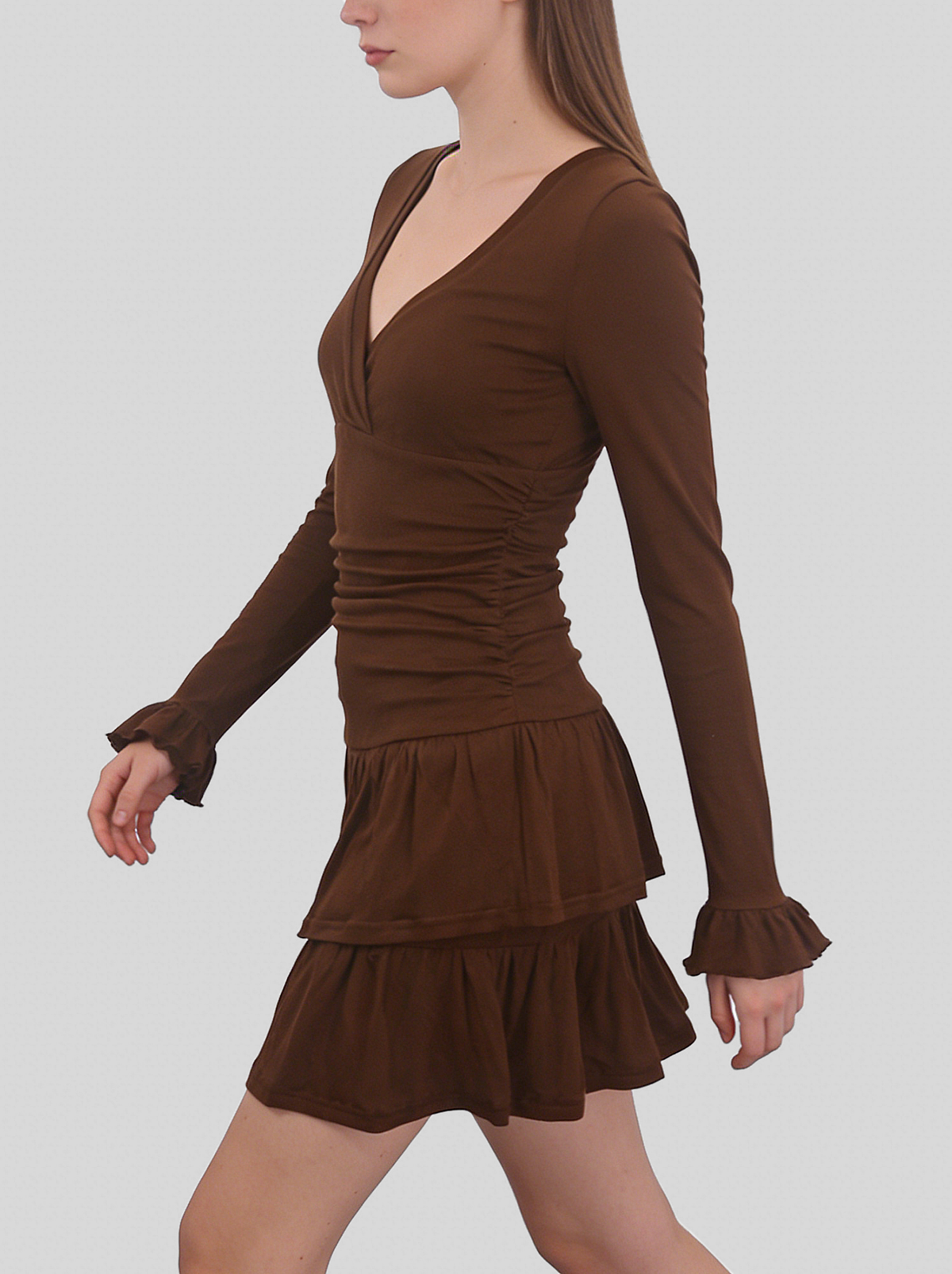 Robe courte rétro marron à col V et volants superposés pour femme – vue 4