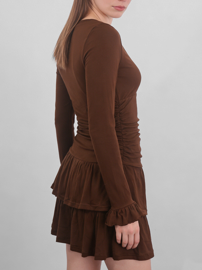 Robe courte rétro marron à col V et volants superposés pour femme – vue 6