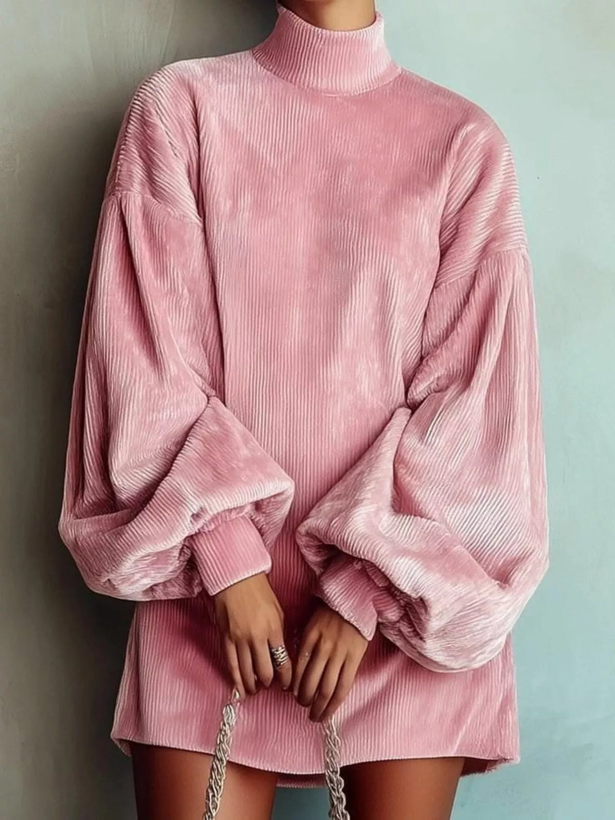Robe courte en velours côtelé à col montant et manches lanterne pour femme – vue 1