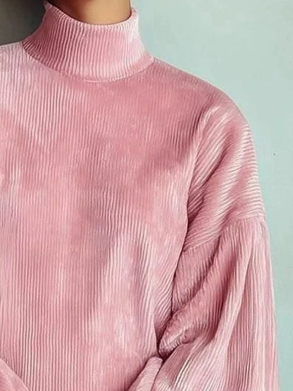 Robe courte en velours côtelé à col montant et manches lanterne pour femme – vue 2