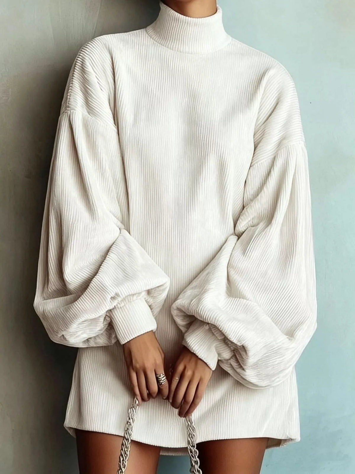 Robe courte en velours côtelé à col montant et manches lanterne pour femme – vue 3