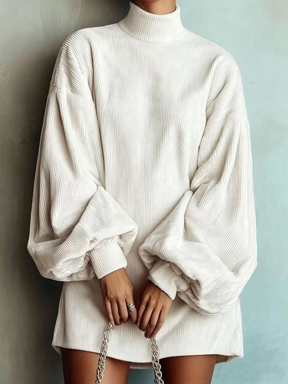 Robe courte en velours côtelé à col montant et manches lanterne pour femme – vue 3