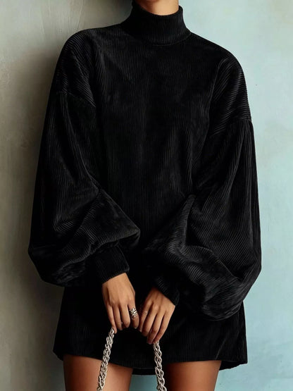 Robe courte en velours côtelé à col montant et manches lanterne pour femme – vue 5