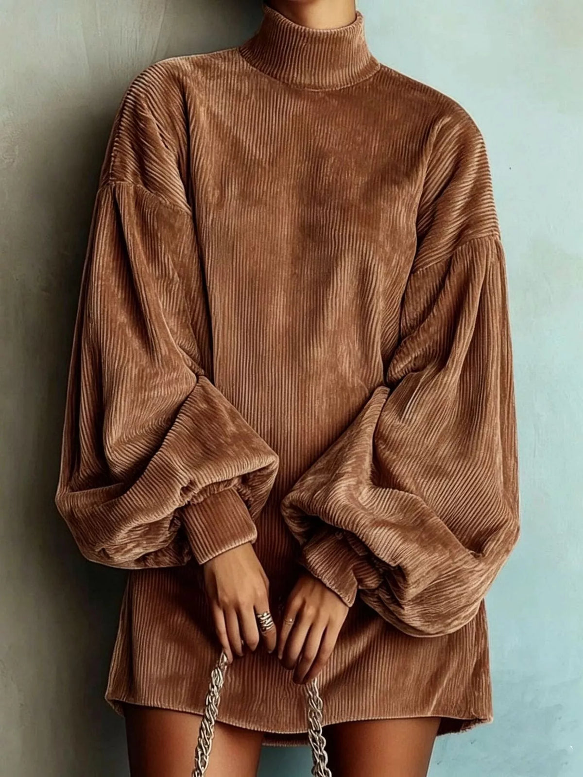Robe courte en velours côtelé à col montant et manches lanterne pour femme – vue 7