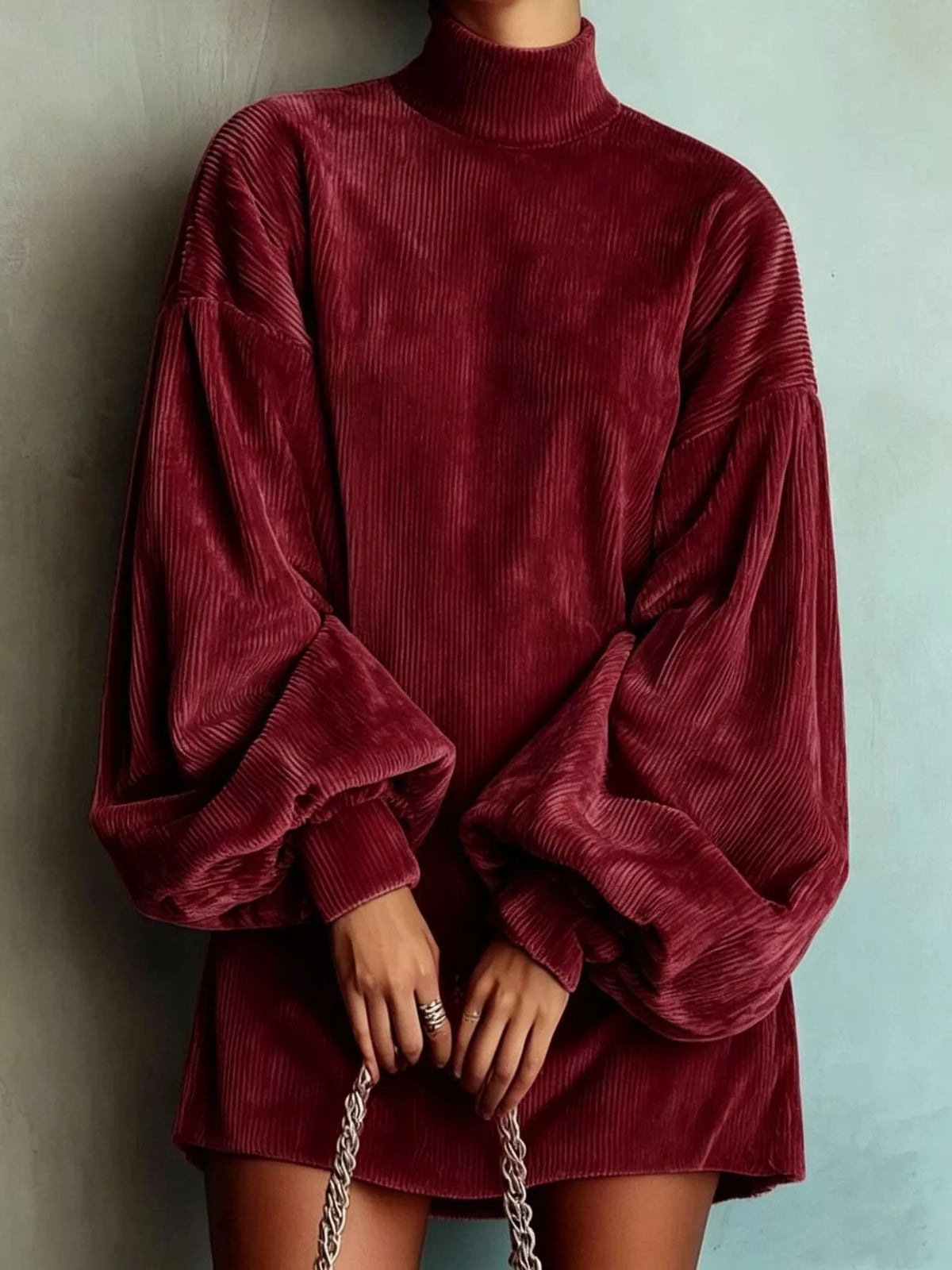 Robe courte en velours côtelé à col montant et manches lanterne pour femme – vue 9