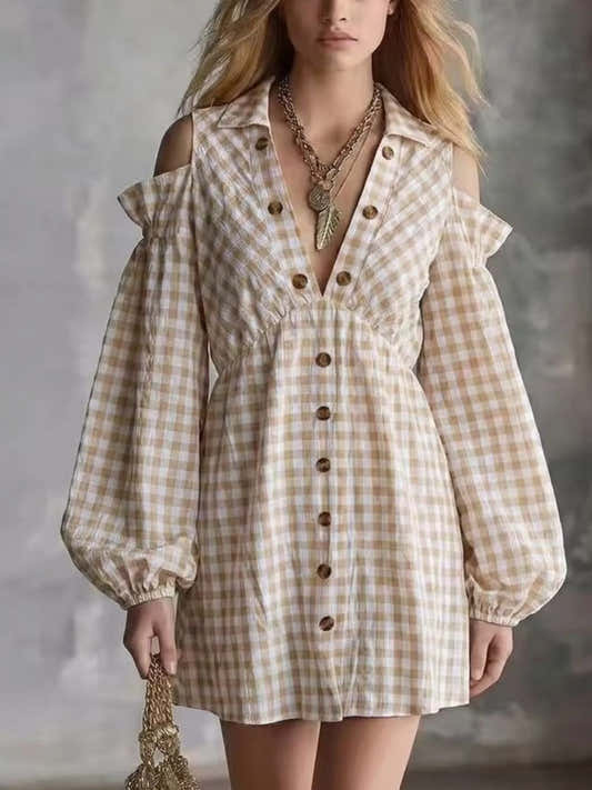 Robe courte vichy à épaules dénudées pour femme – vue 1