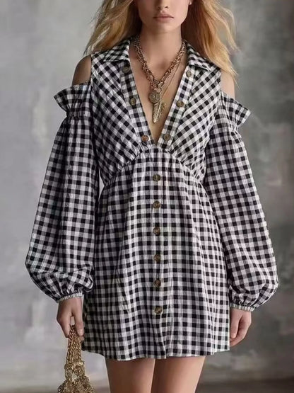 Robe courte vichy à épaules dénudées pour femme – vue 3