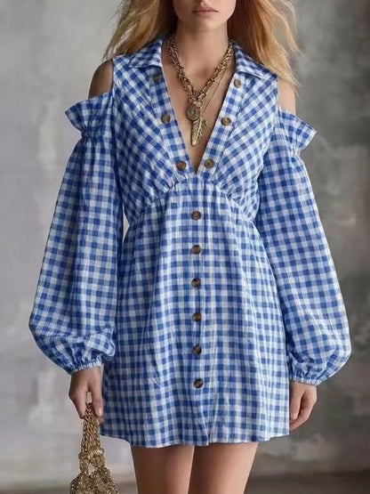 Robe courte vichy à épaules dénudées pour femme – vue 5