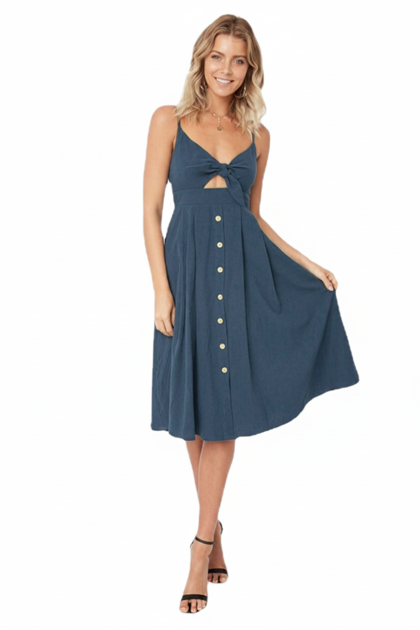 Robe sans manches à bretelles fines et nœud, bleu foncé, fermeture boutonnée